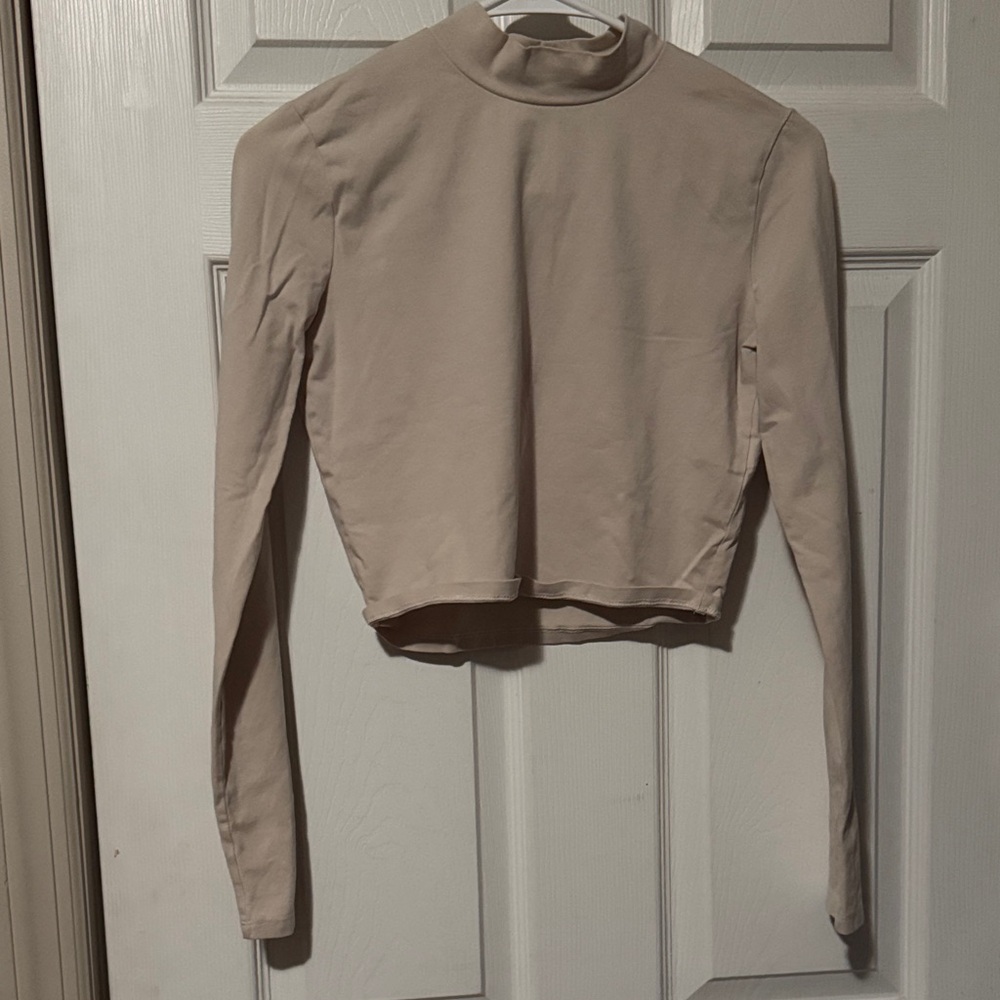 Zara Beige Mock Neck Long-Sleeve Crop Top